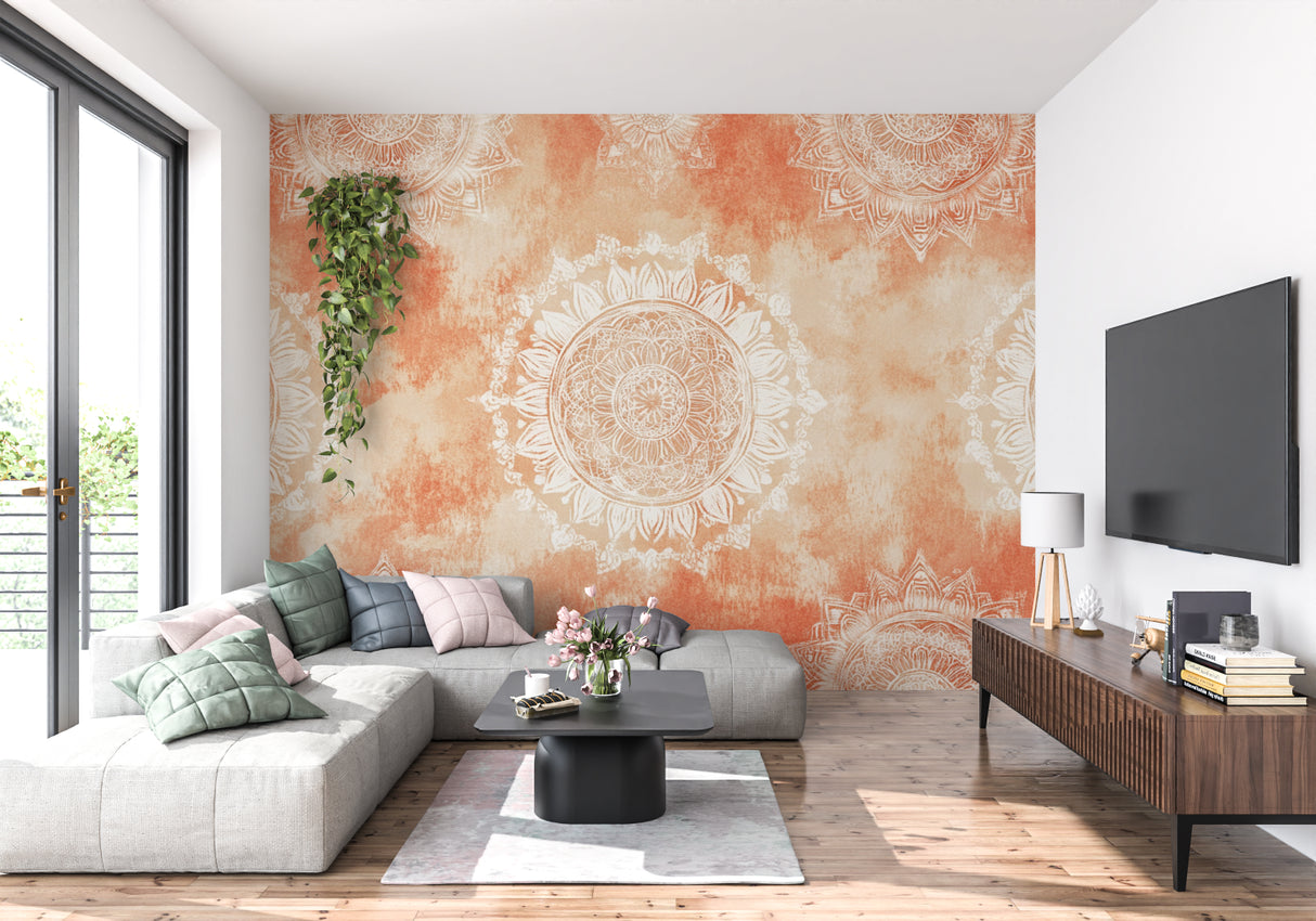 Terracotta mandala wallpaper creating a peaceful atmosphere in a modern living room with natural light