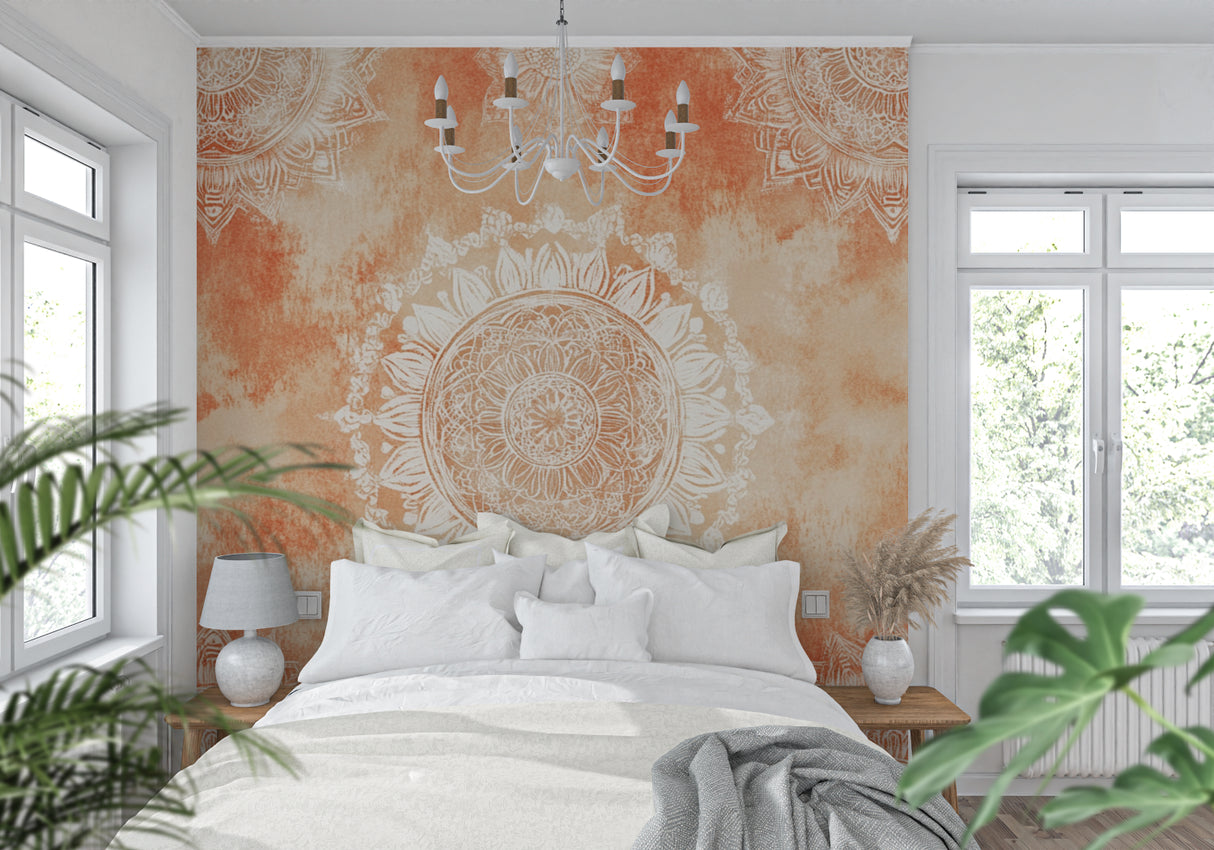 Boho mandala wall mural bringing warmth to a cozy bedroom setting