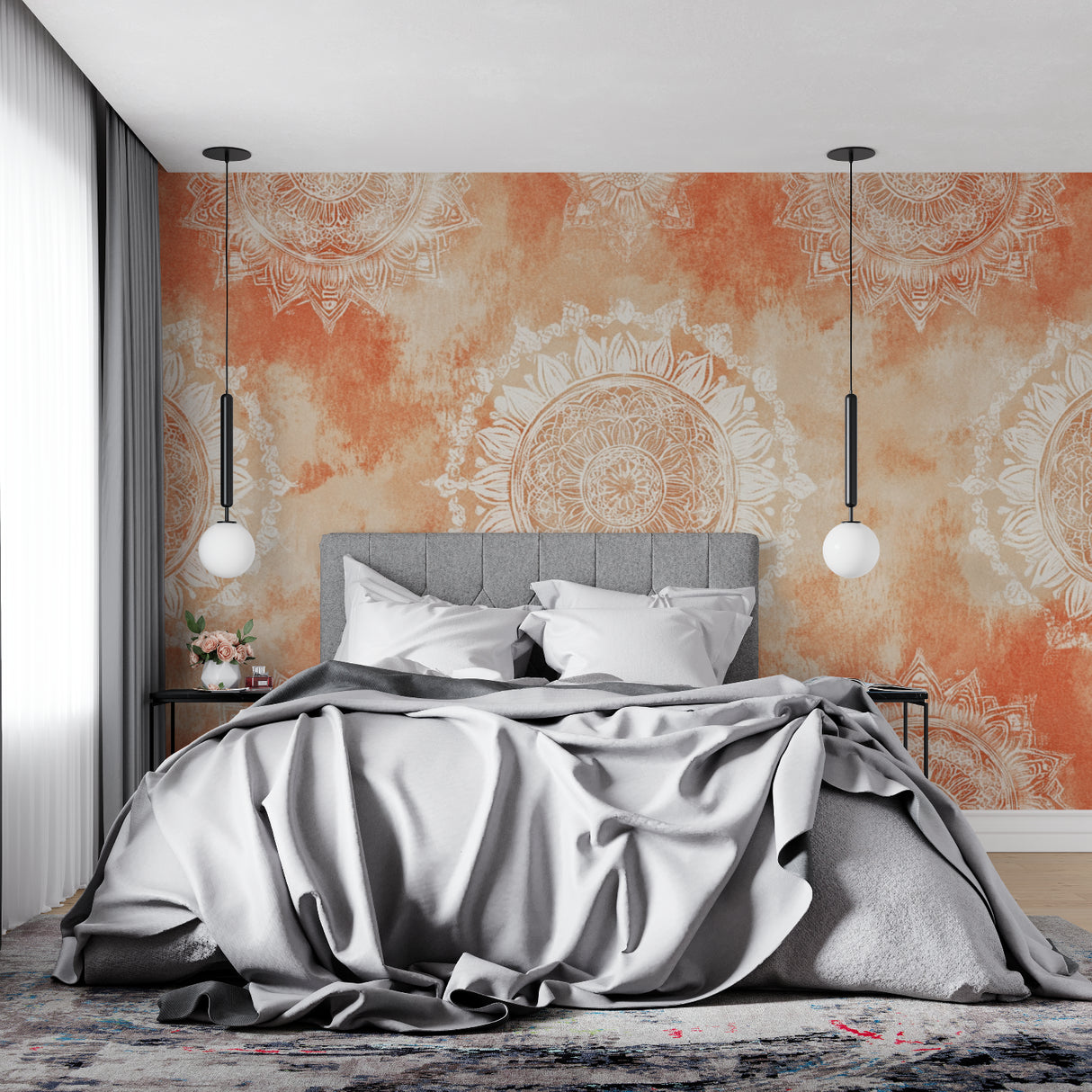 Terracotta pattern wallpaper enhancing a home office with serene vibes