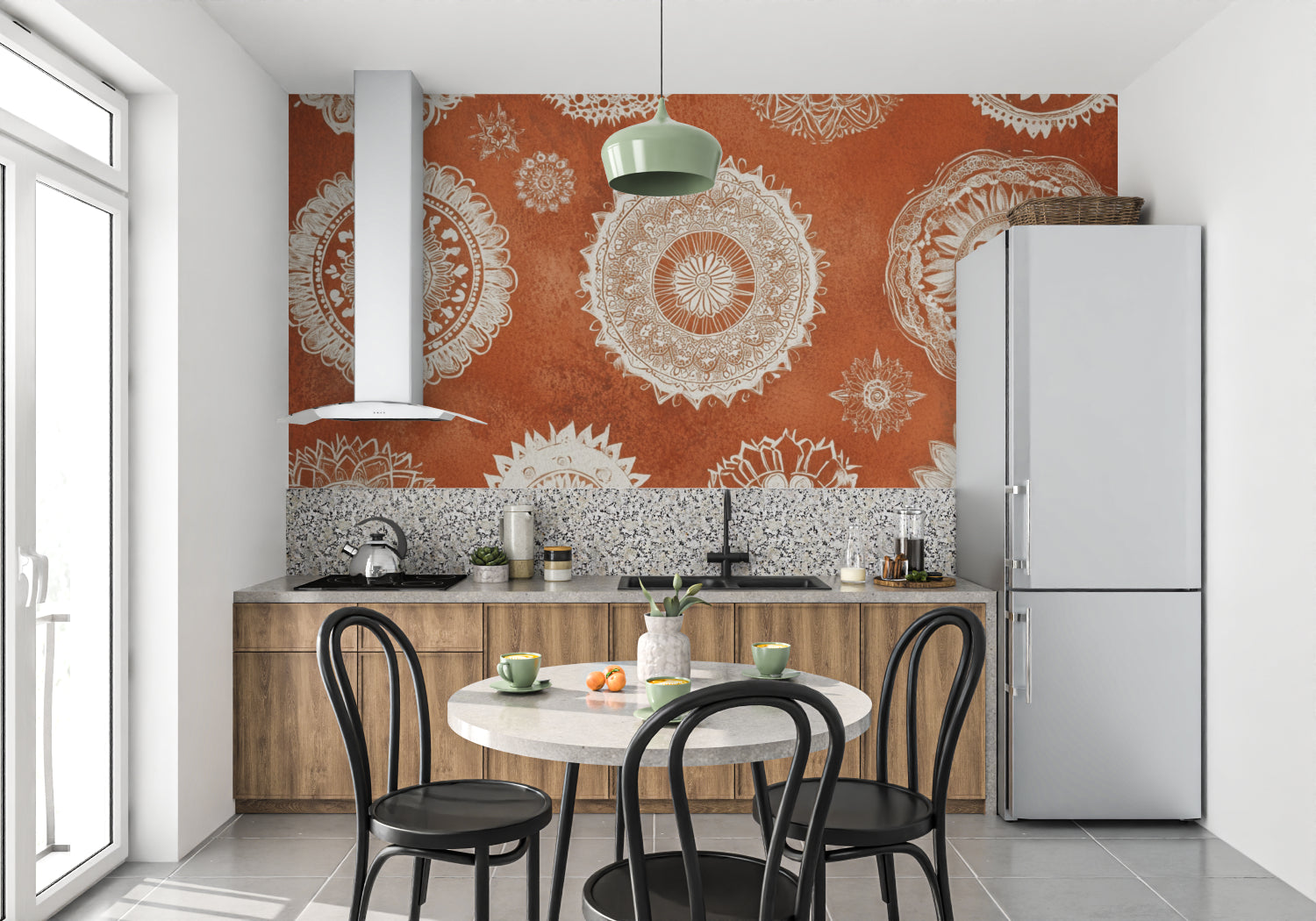Mandala wallpaper in modern living room showing terracotta and white geometric pattern creating depth