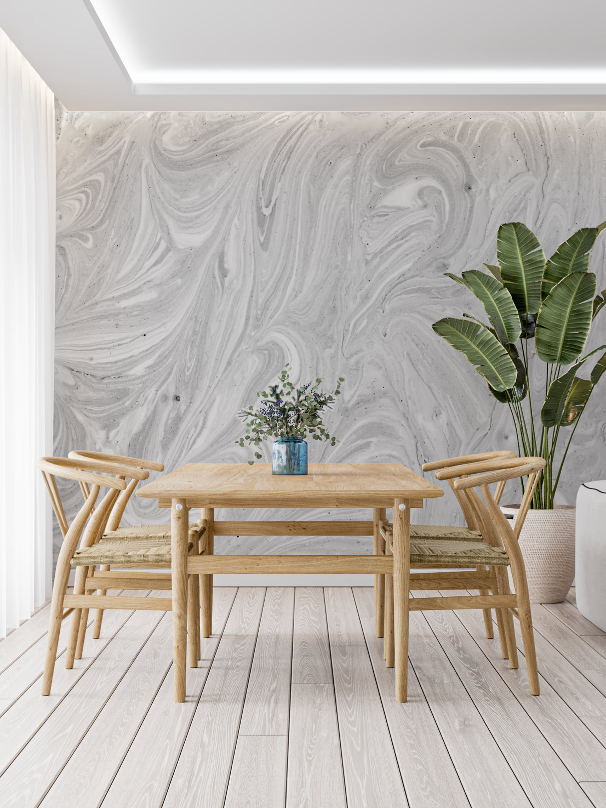 Modern grey marble wallpaper in spacious living room with natural light highlighting the swirling patterns