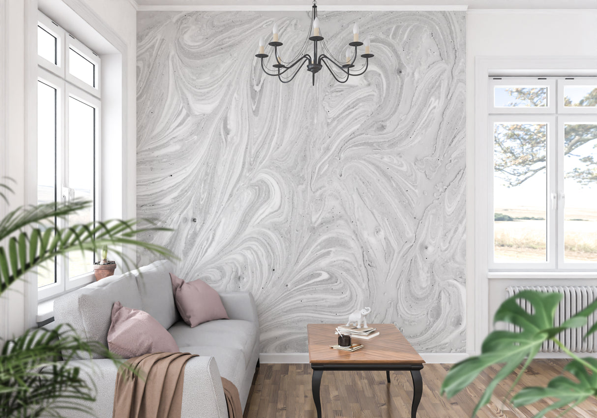 Master bedroom with grey marble wallpaper mural adding luxury hotel feel