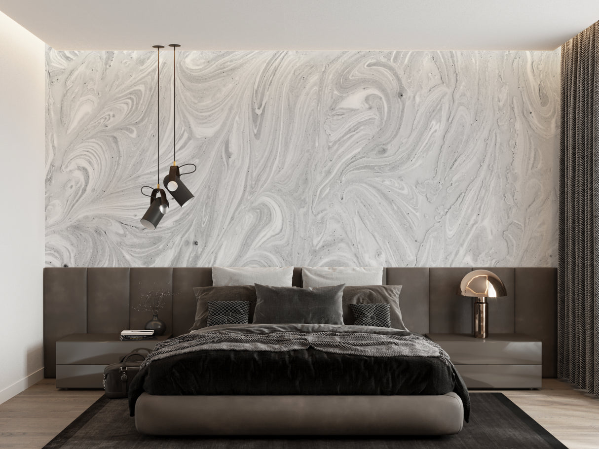 Modern office space with marble effect wall mural in soft grey tones