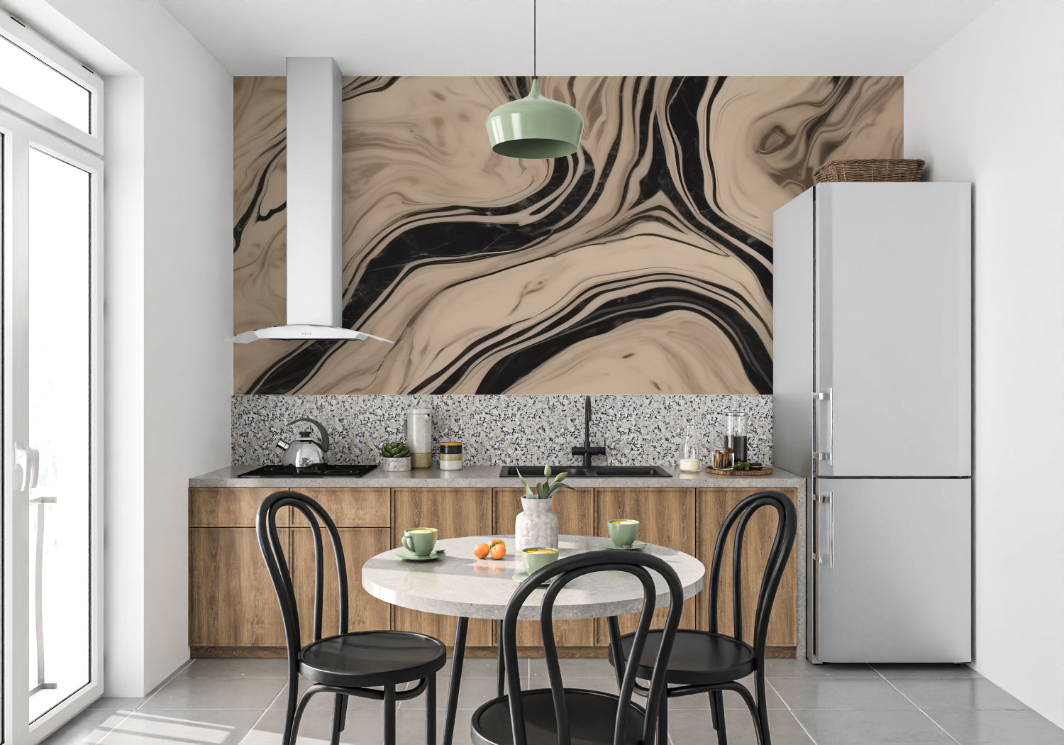 Abstract marble wallpaper design making a statement in a stylish dining area