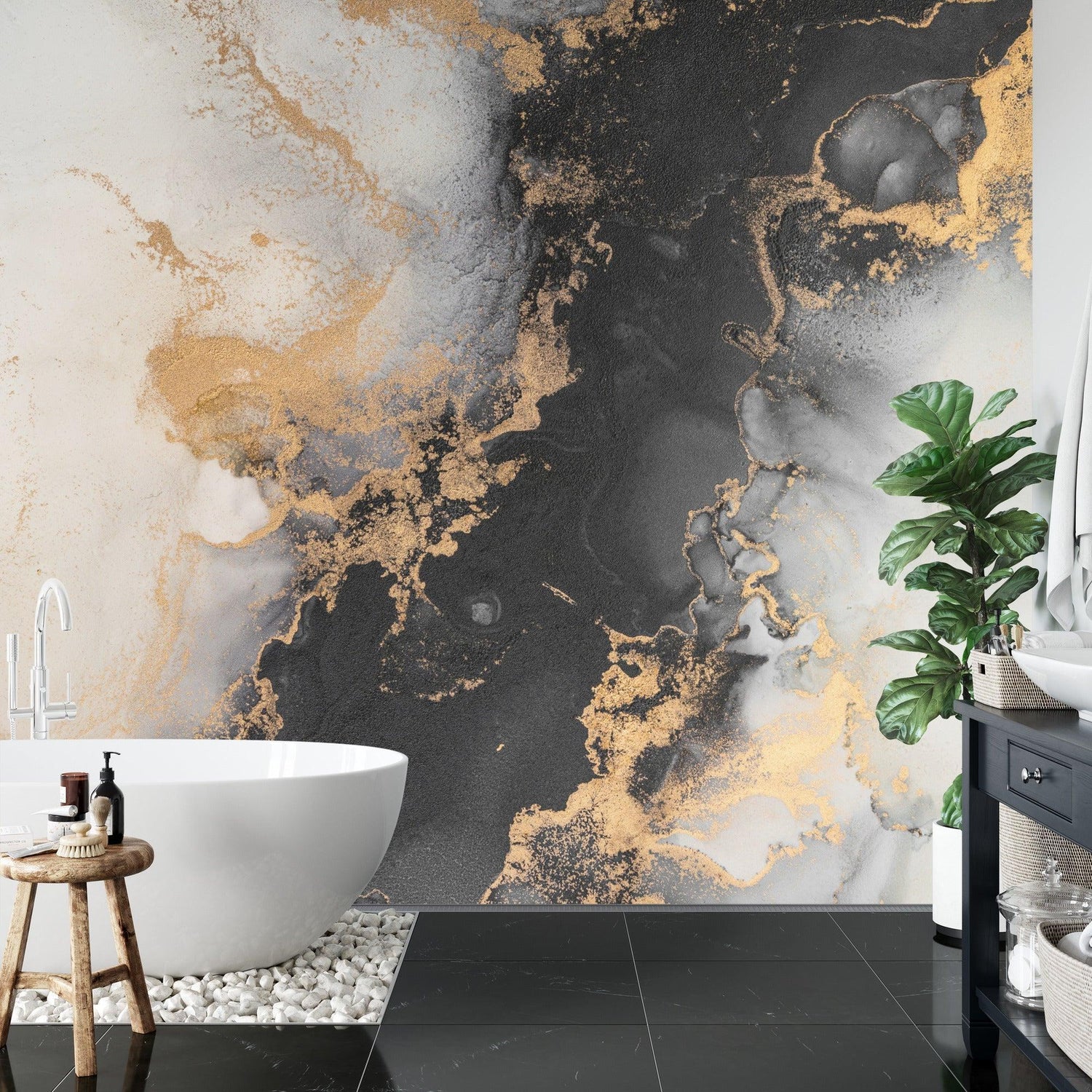 Modern office space featuring black and gold marble wallpaper accent wall