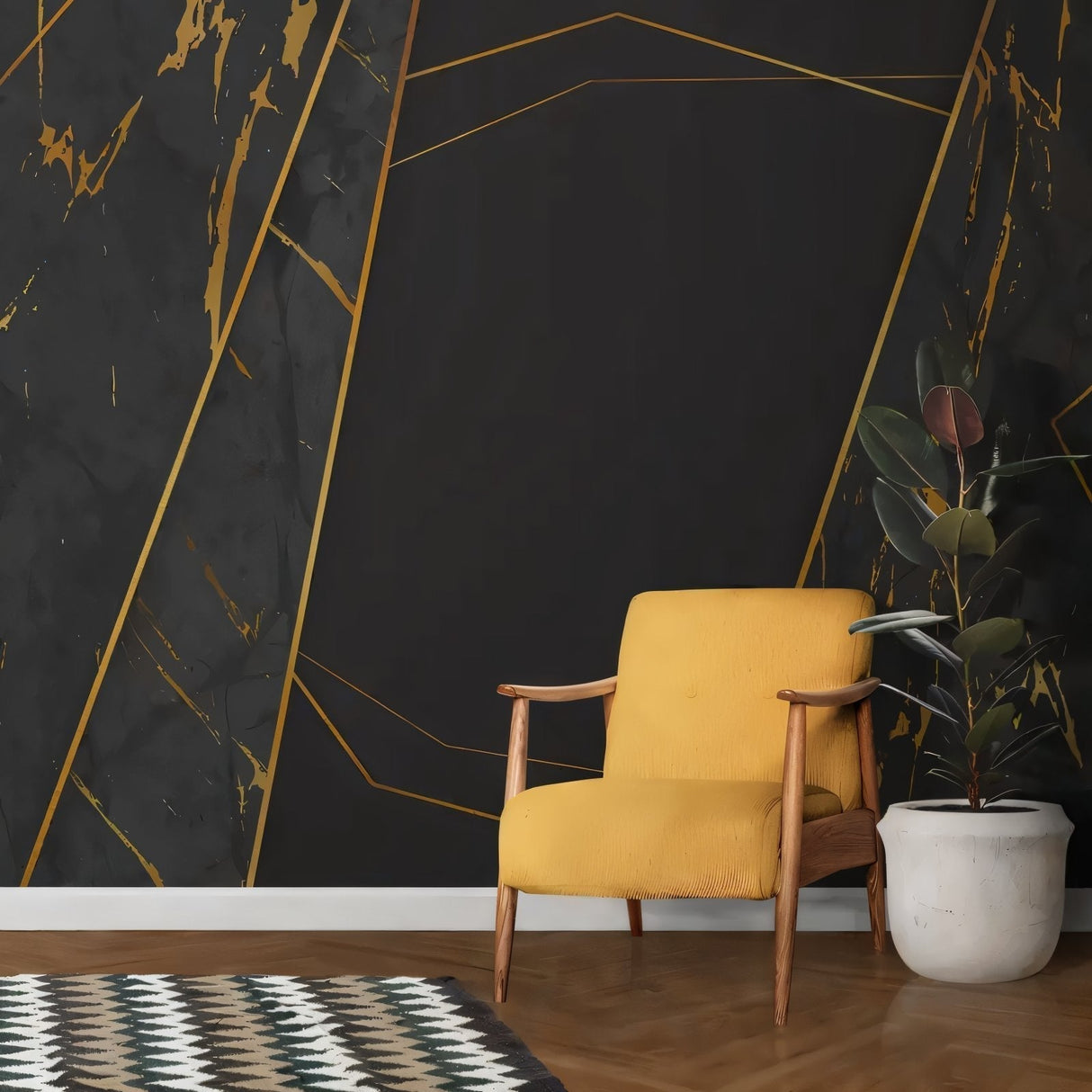 Modern black and gold marble wallpaper in luxury living room setting with tall windows