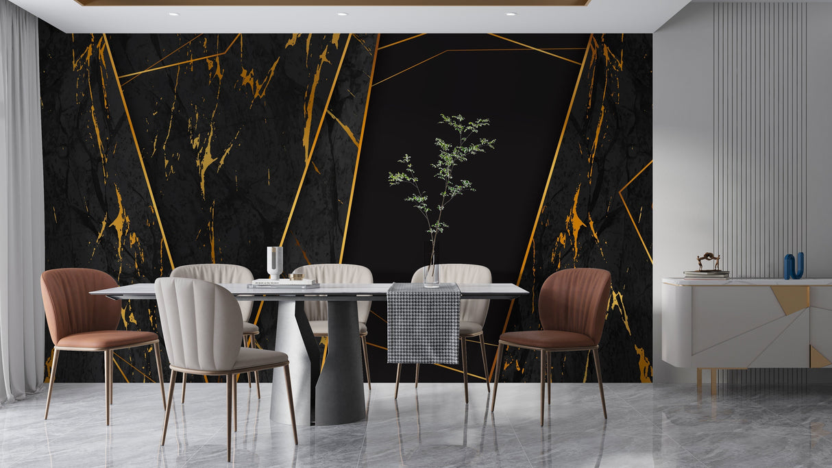 Black marble wall mural with gold accents in contemporary dining room