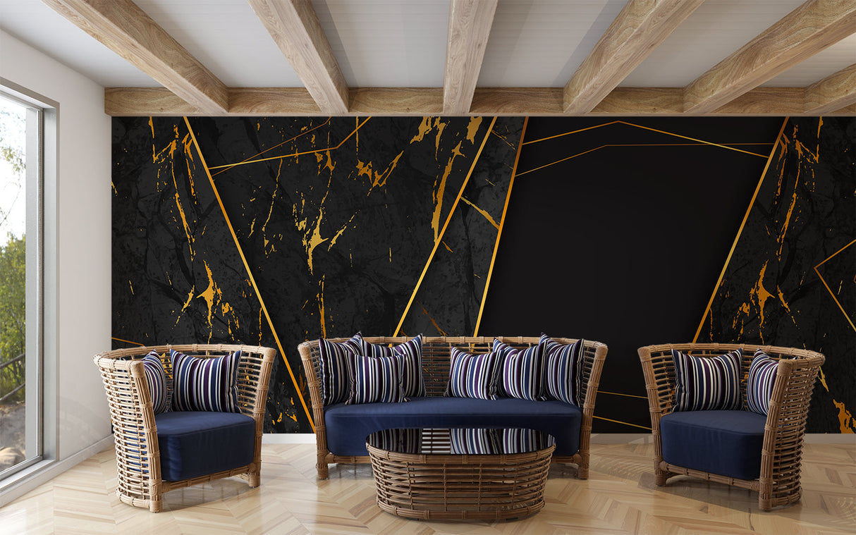 Geometric marble wallpaper featured in master bedroom with modern furniture