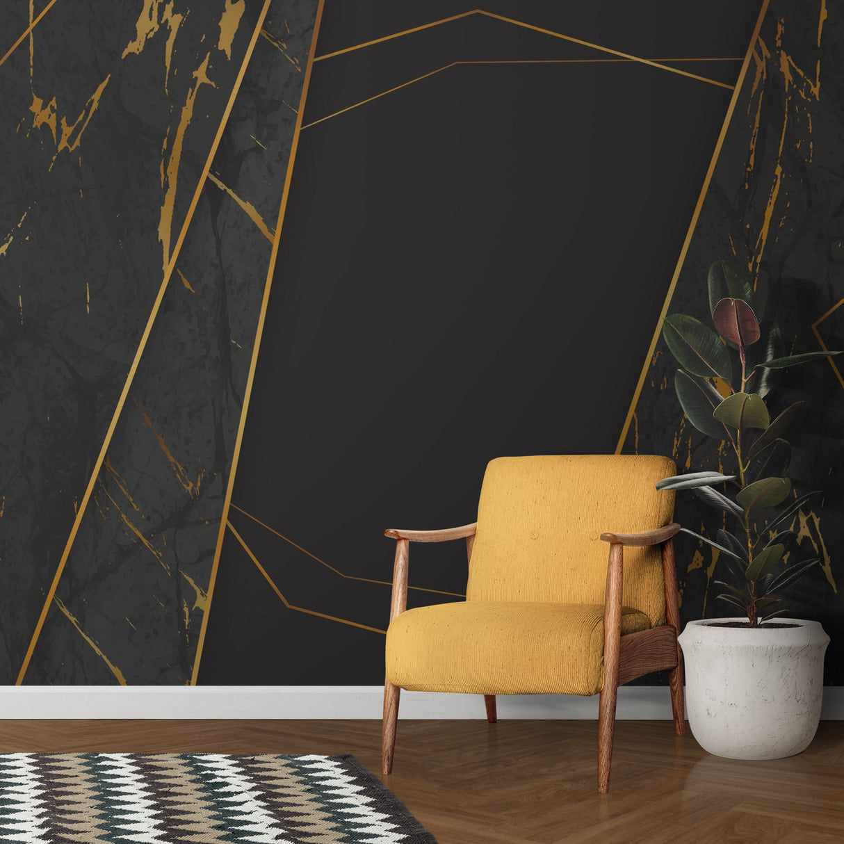 Marble wallpaper with geometric lines in modern hallway setting