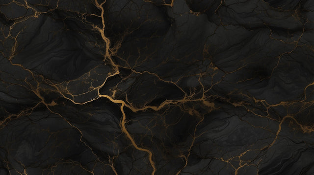 Black and gold marble wallpaper creating dramatic impact in a modern dining room with pendant lighting