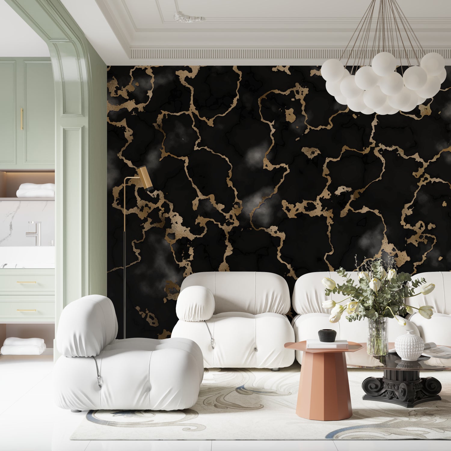 Master bedroom with striking black and gold marble accent wall