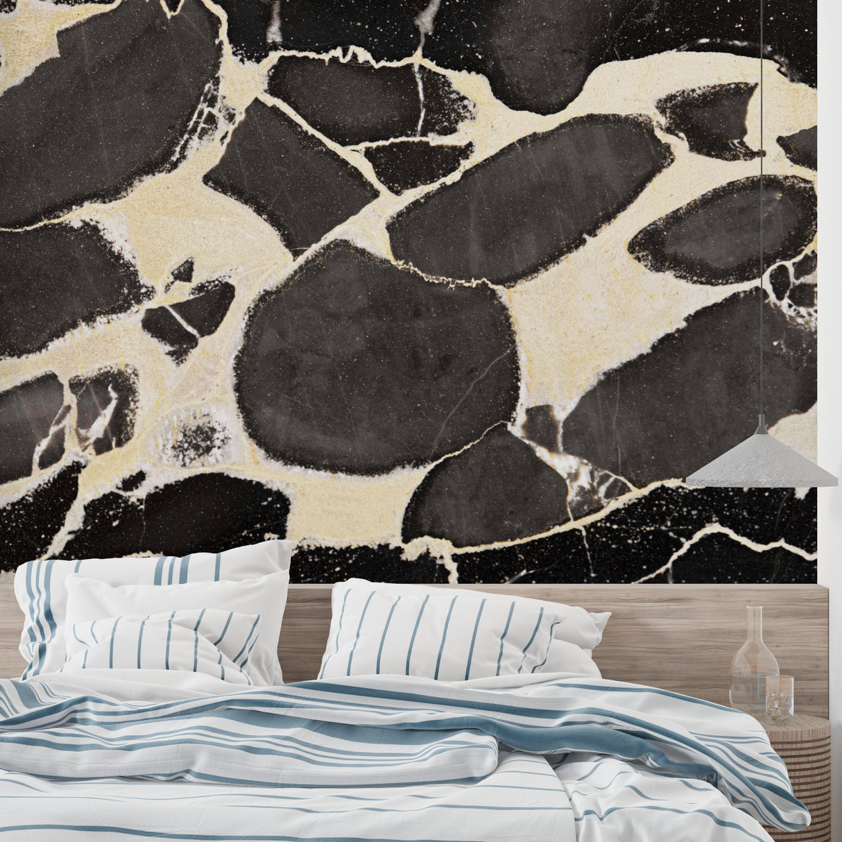 Marble wallpaper in modern living room, black and gold luxury pattern creating elegant atmosphere