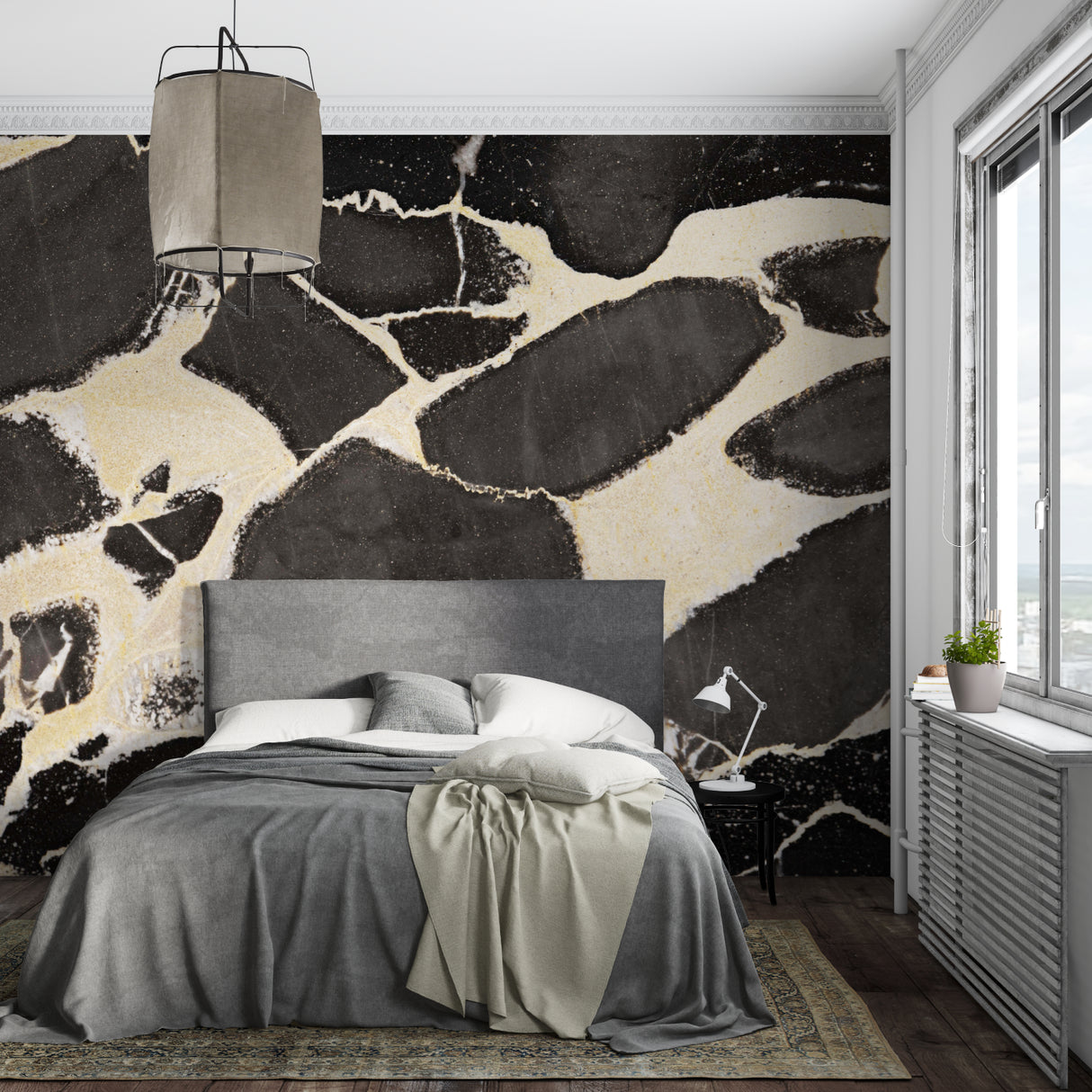 Black and gold marble wallpaper in master bedroom, dramatic accent wall design