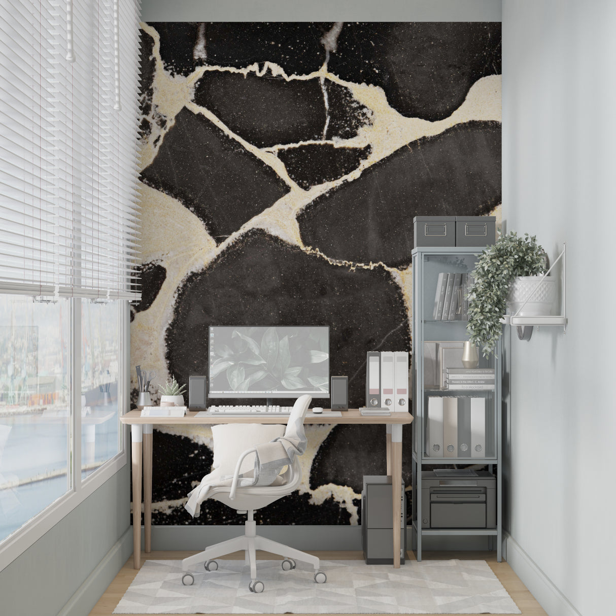 Luxury marble wall mural in home office, showcasing black and gold veining