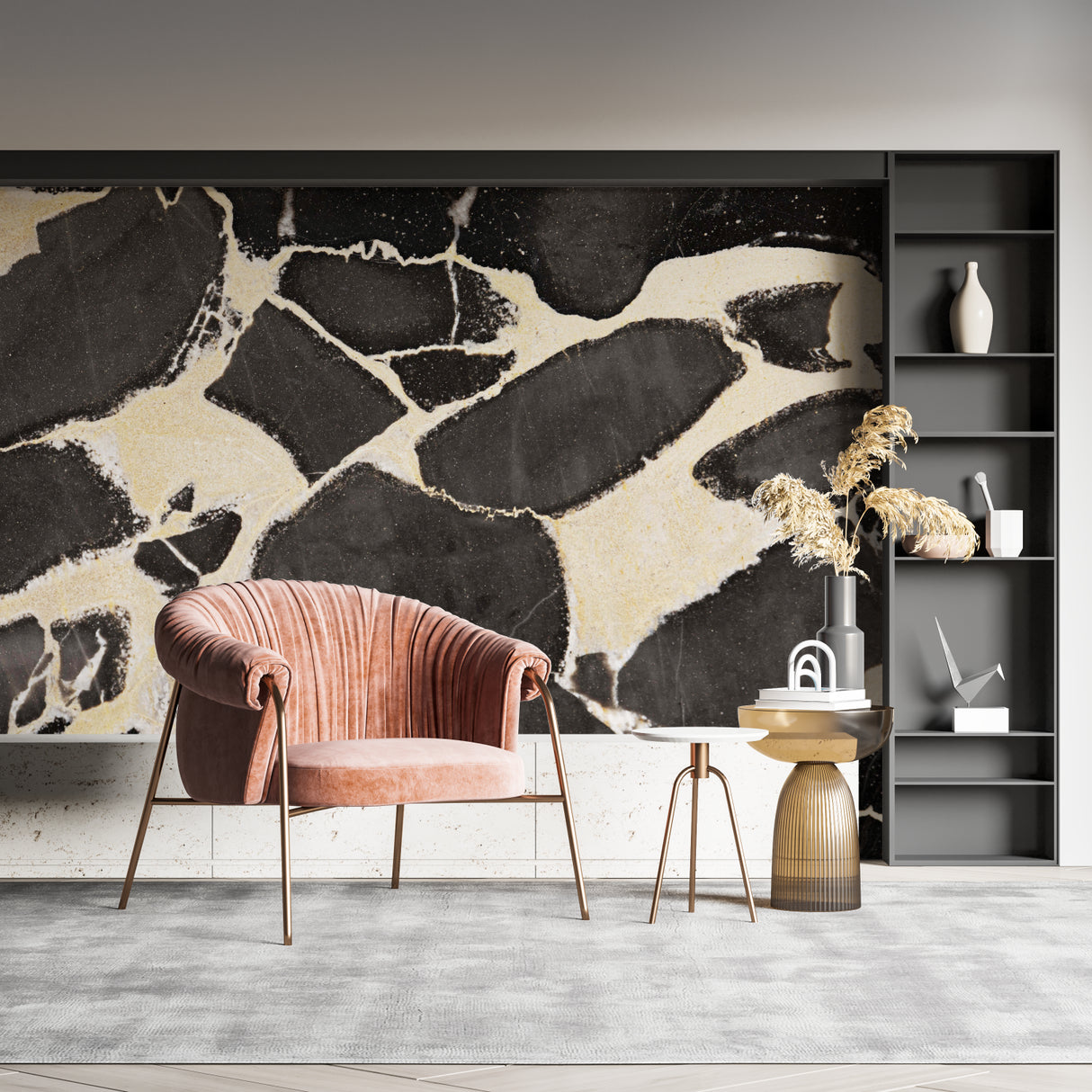 Black marble wallpaper with gold details in dining room setting