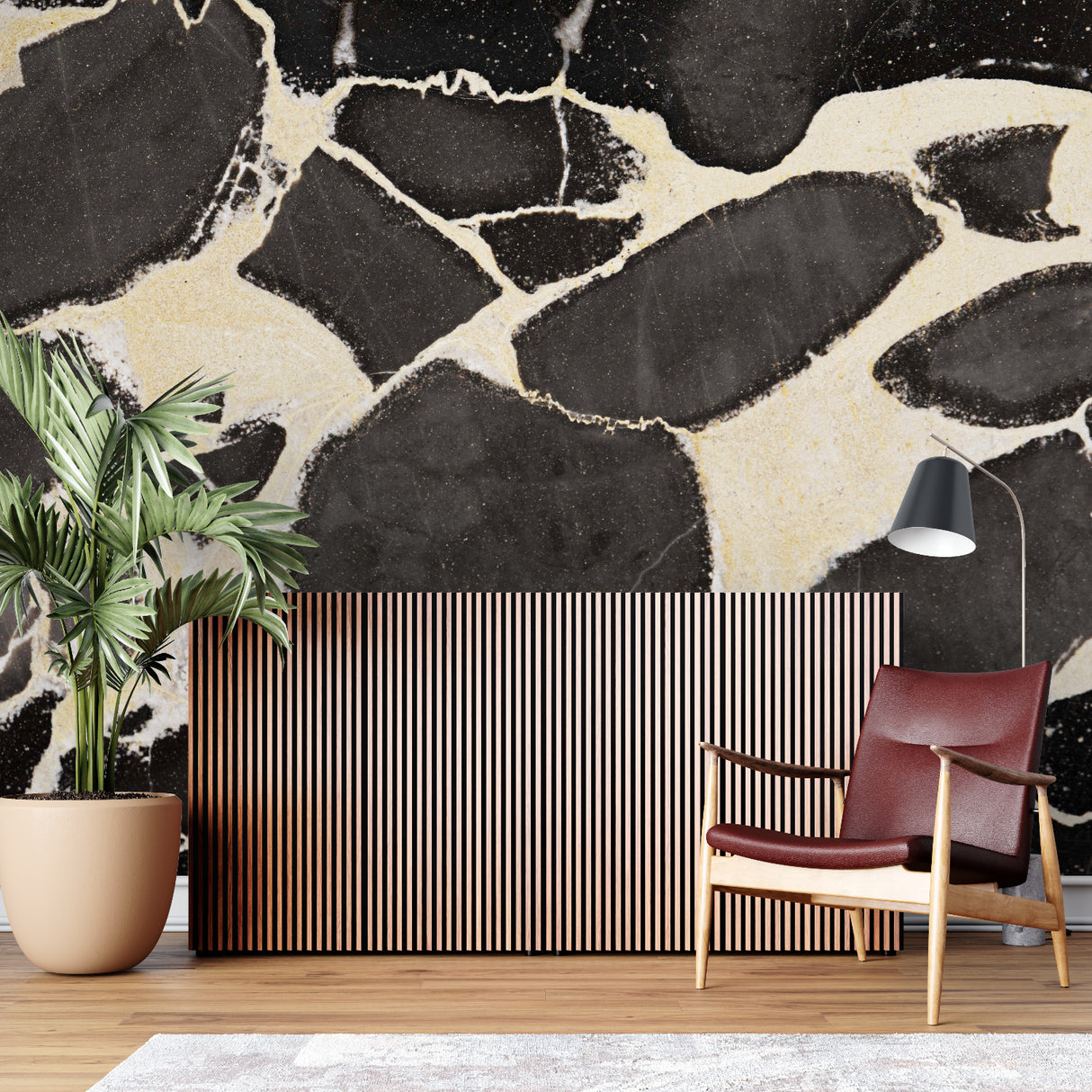 Modern entryway featuring black and gold marble wall design