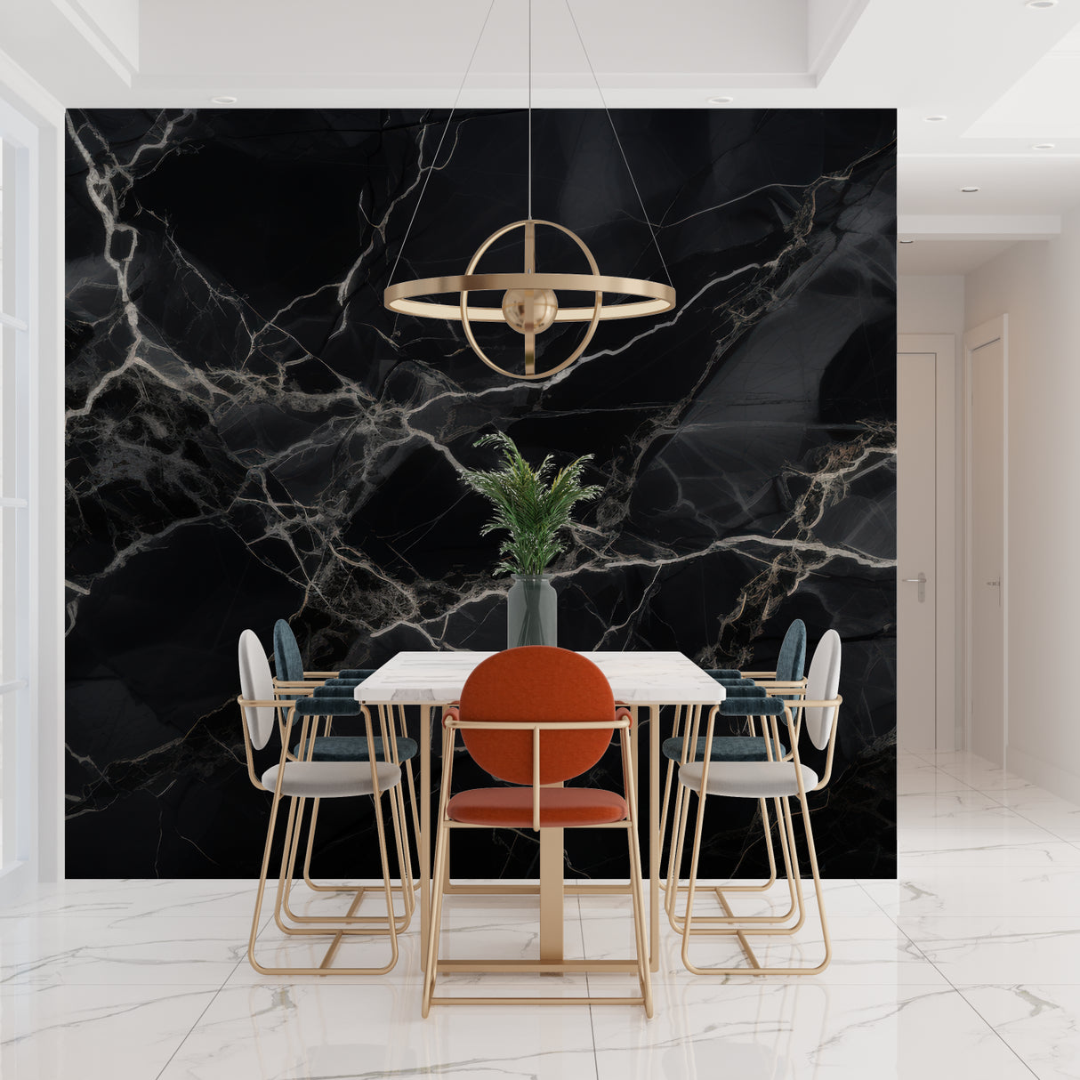 Home office space with black marble accent wall adding professional sophistication