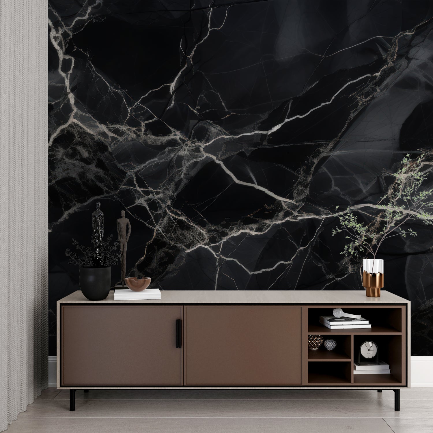 Boutique retail space showcasing black and white marble wallpaper as elegant backdrop
