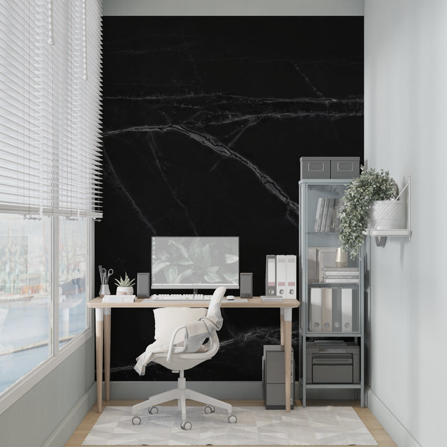 Black marble wallpaper with white veins in modern living room, adding luxury and depth to the space