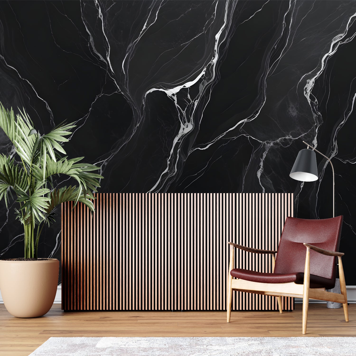 Black marble wallpaper creating dramatic impact in modern living room with white furniture