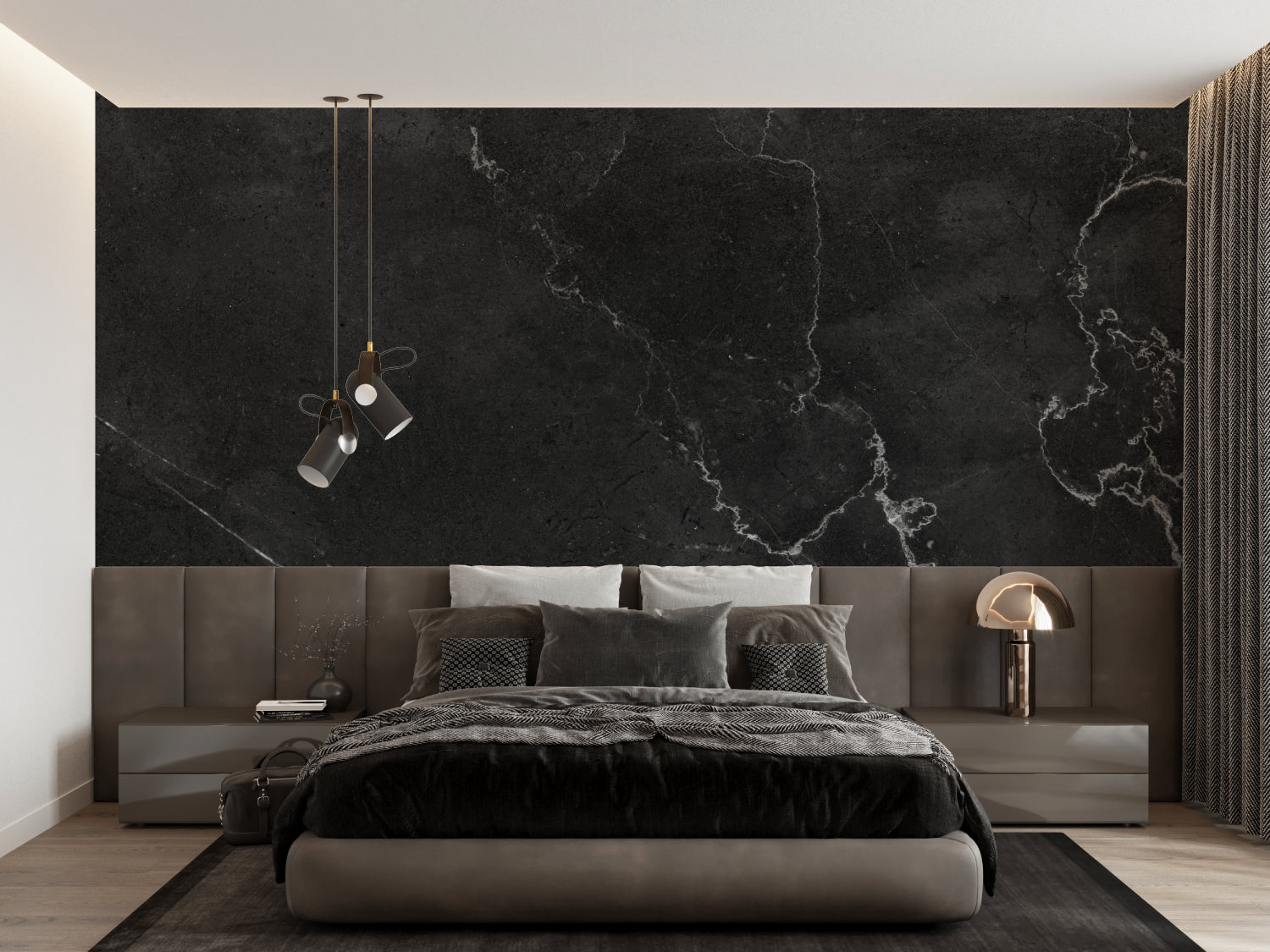 Black stone wallpaper creating dramatic dining room feature wall