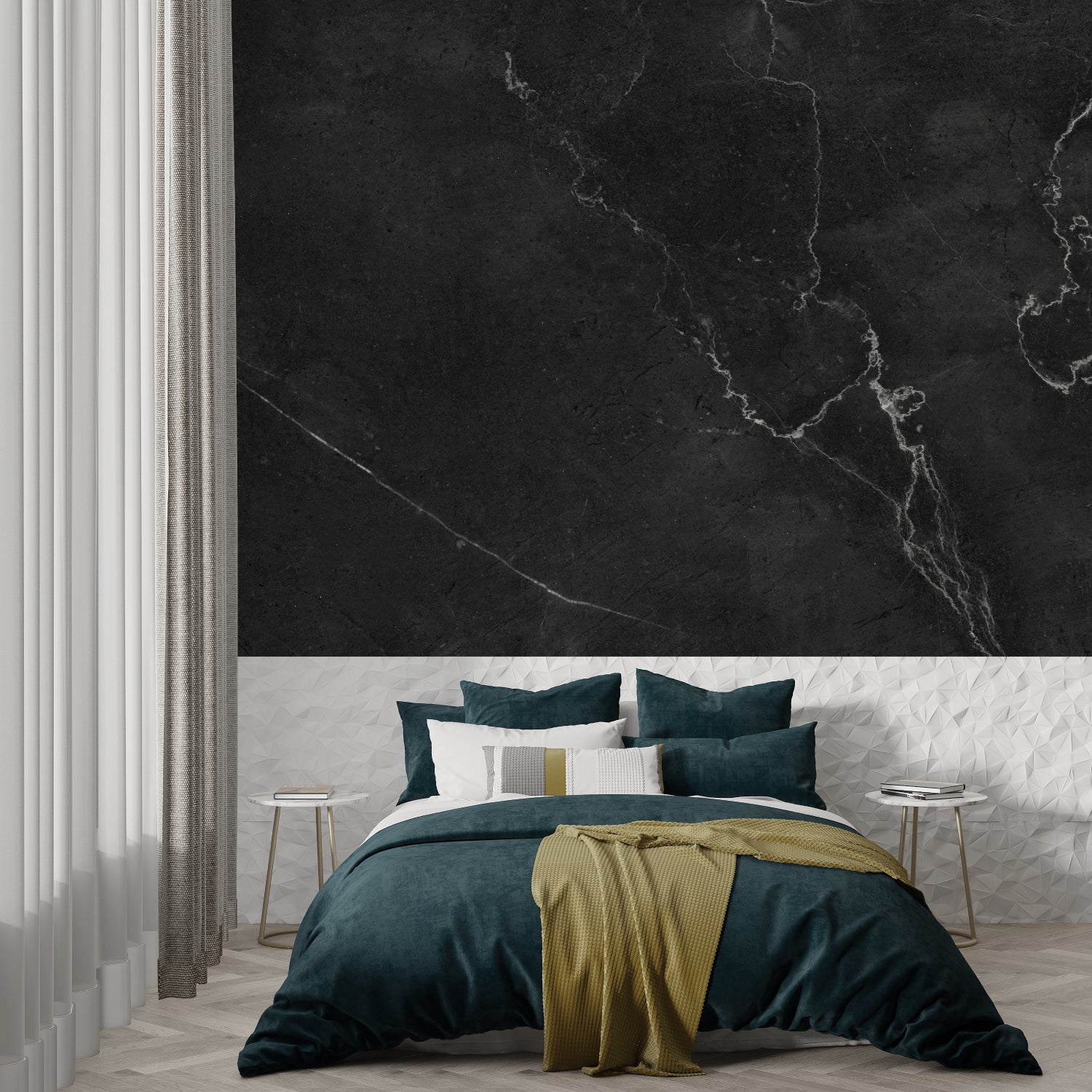 Black marble effect wallpaper in minimalist bathroom setting