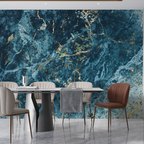 Blue and gold marble wallpaper in modern living room creating luxurious atmosphere