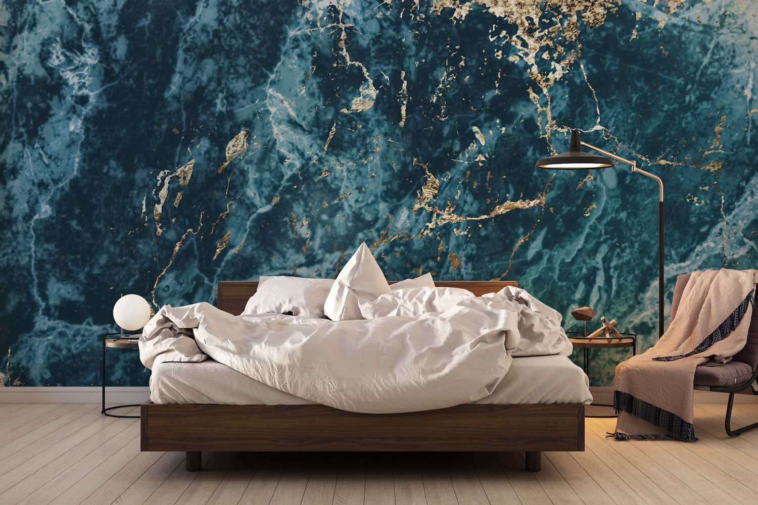 Master bedroom with blue and gold marble feature wall