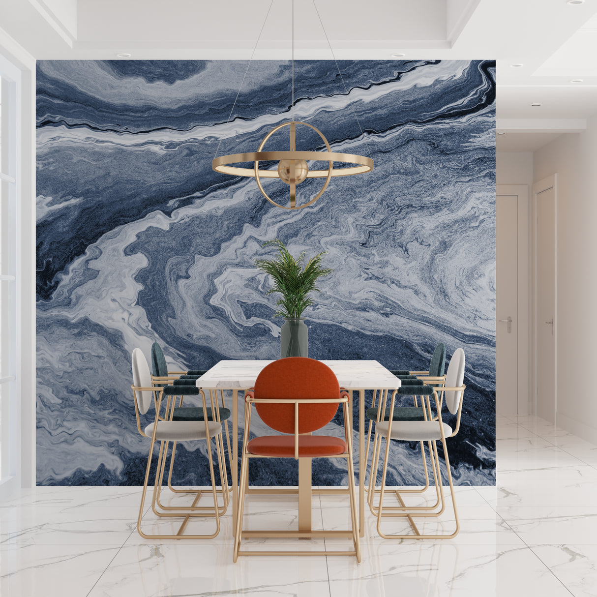 Blue marble wallpaper creating elegant waves in modern living room with natural light