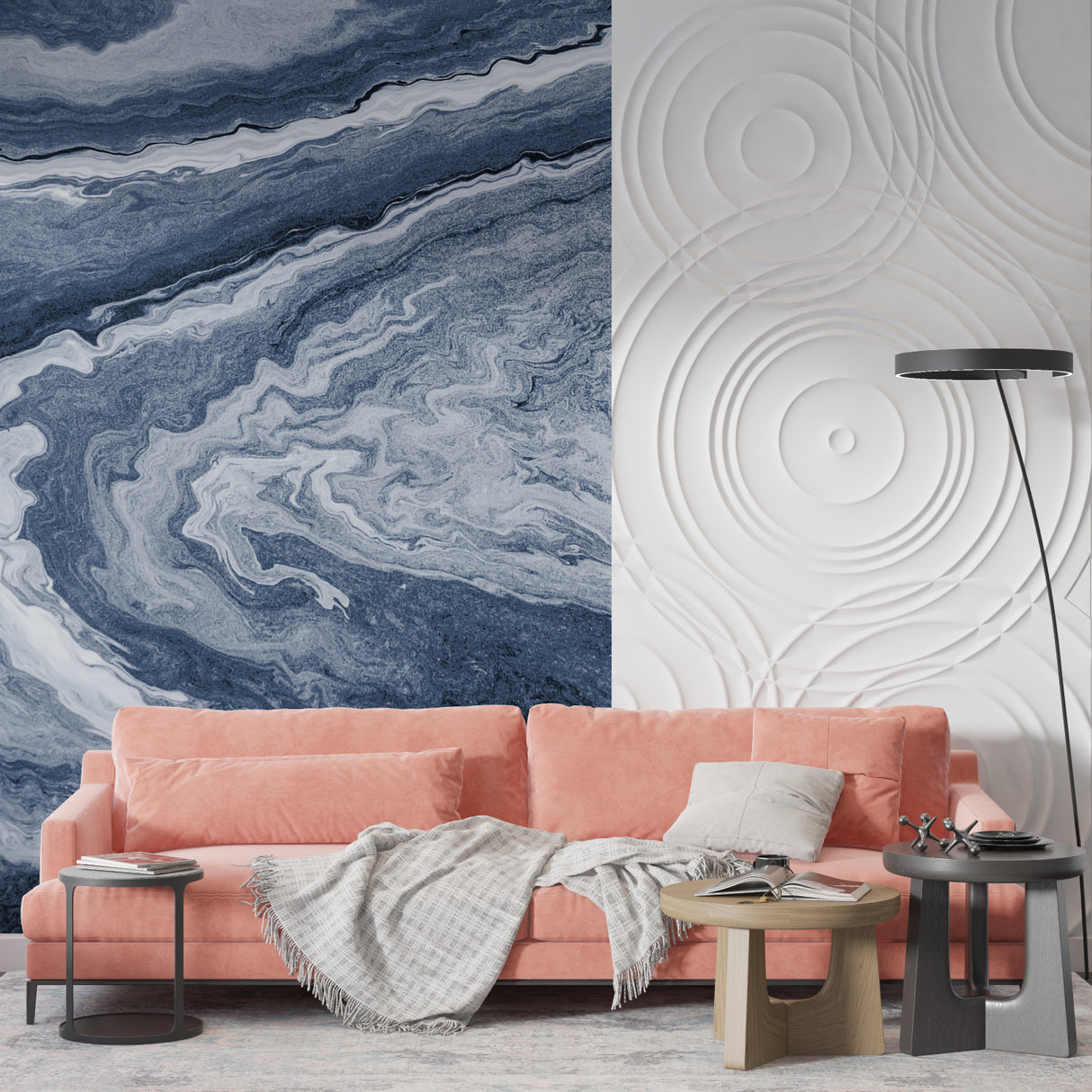 Abstract marble wallpaper in minimalist dining room setting