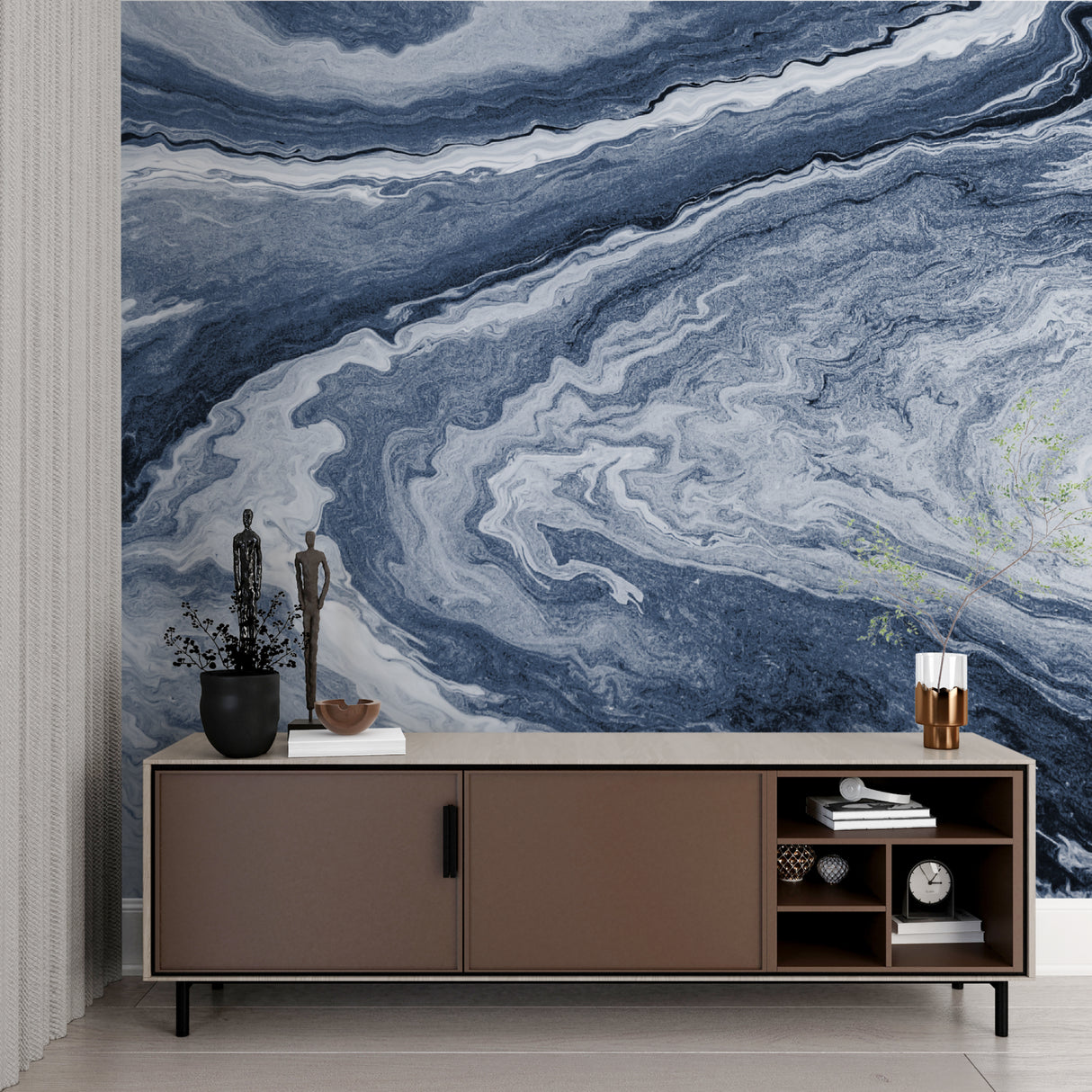 Blue wave marble wallpaper creating depth in home office space