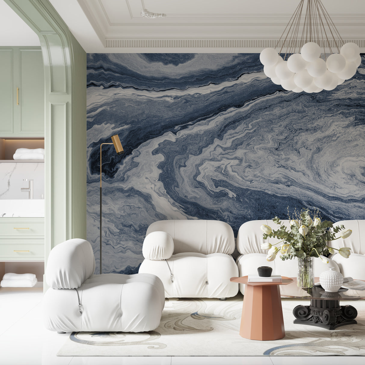 Marble effect wallpaper showcased in modern bathroom interior