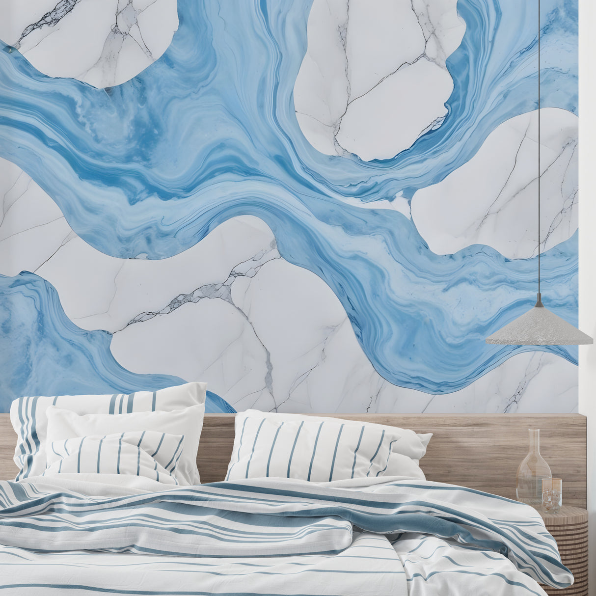 Blue marble wallpaper creating elegant atmosphere in modern living room with natural light