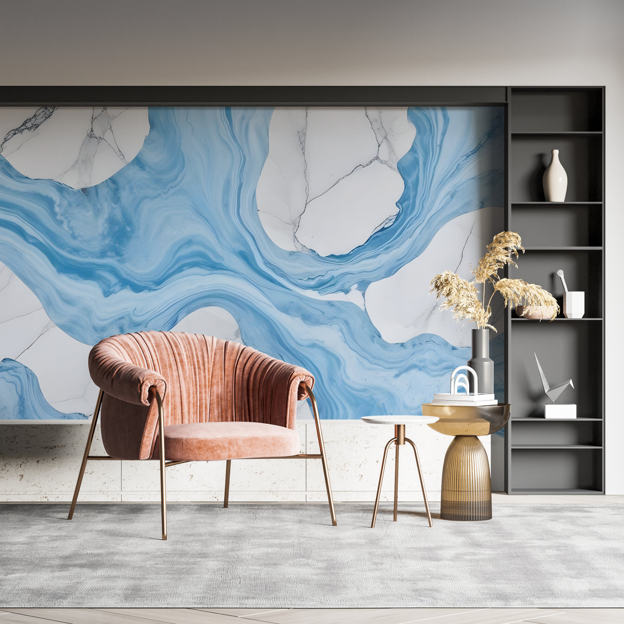 Marble effect wall mural bringing luxury feel to master bedroom with blue tones