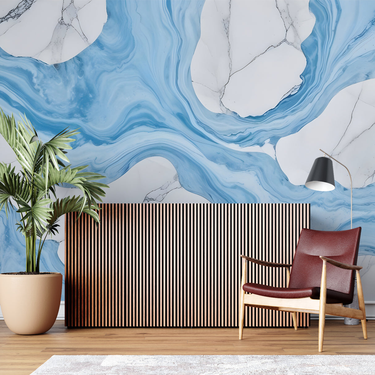 Blue and white marble wallpaper making statement in contemporary bathroom design