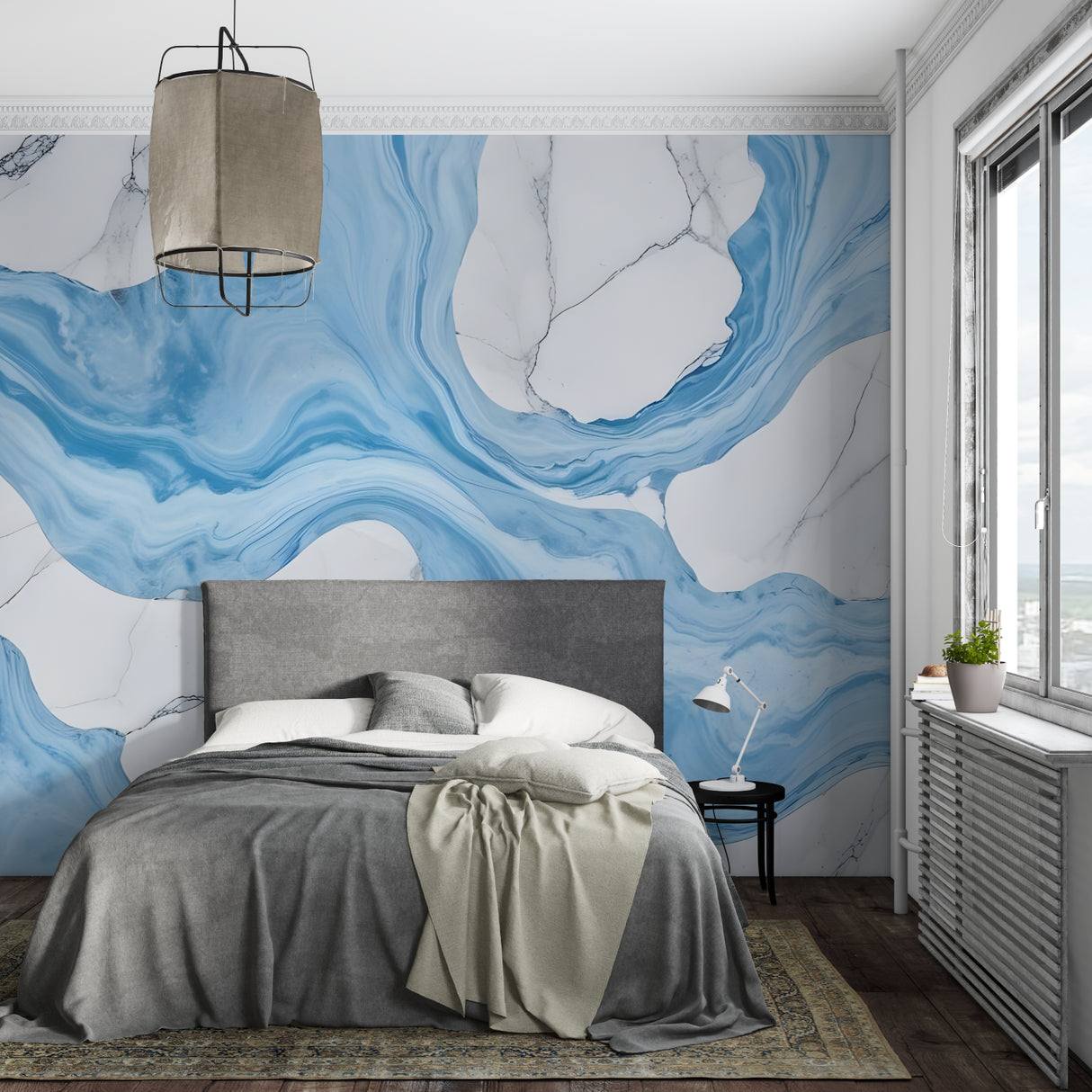 Modern marble wall mural transforming home office with flowing pattern