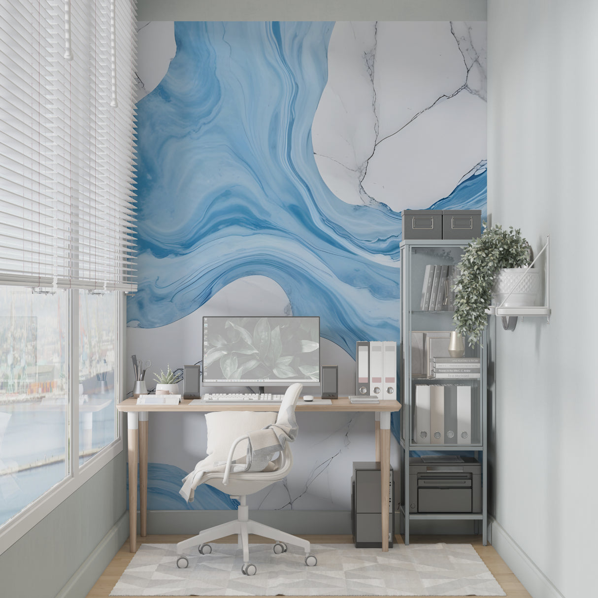 Marble effect feature wall adding sophistication to dining room space