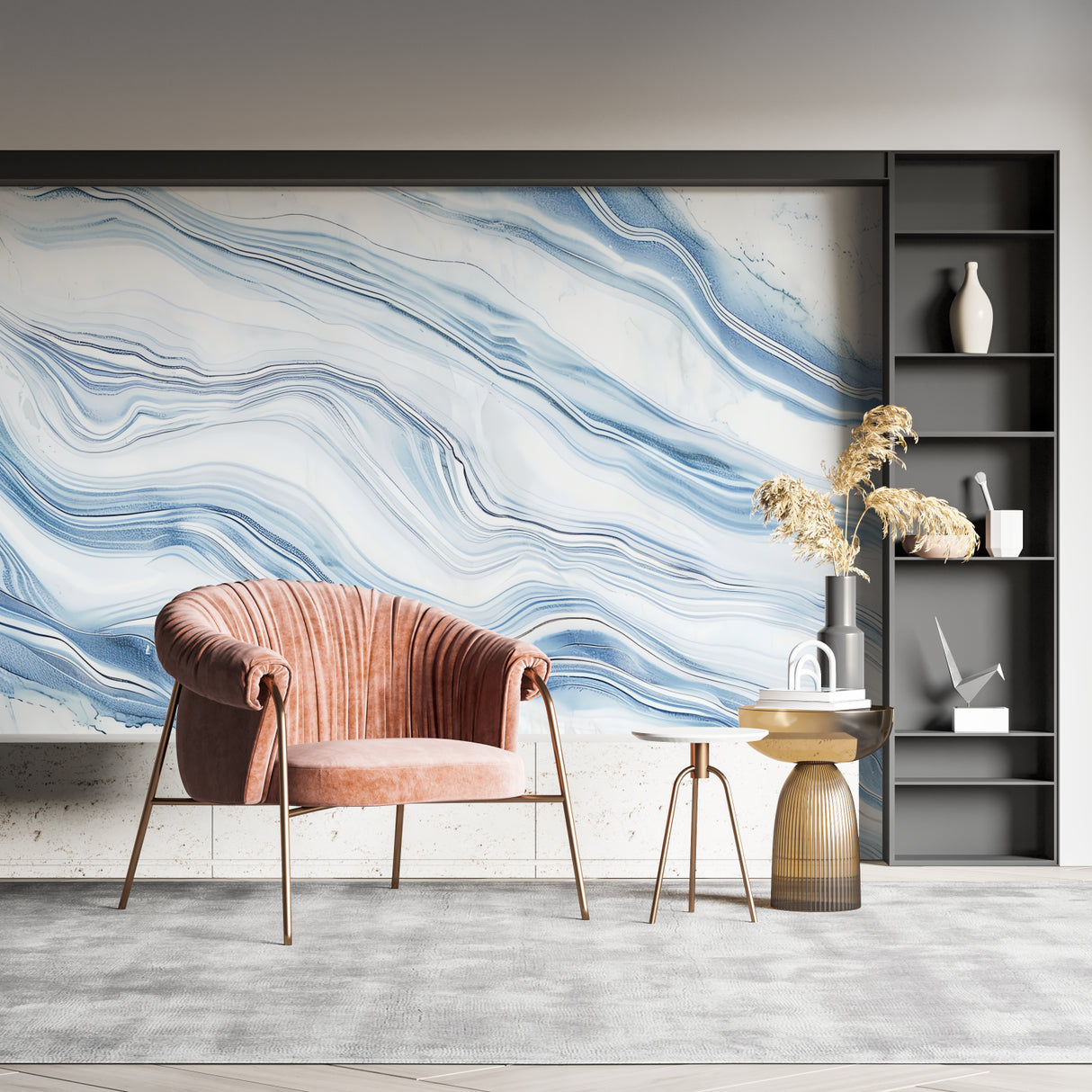 Blue marble wave wallpaper in modern living room creates serene atmosphere with natural light