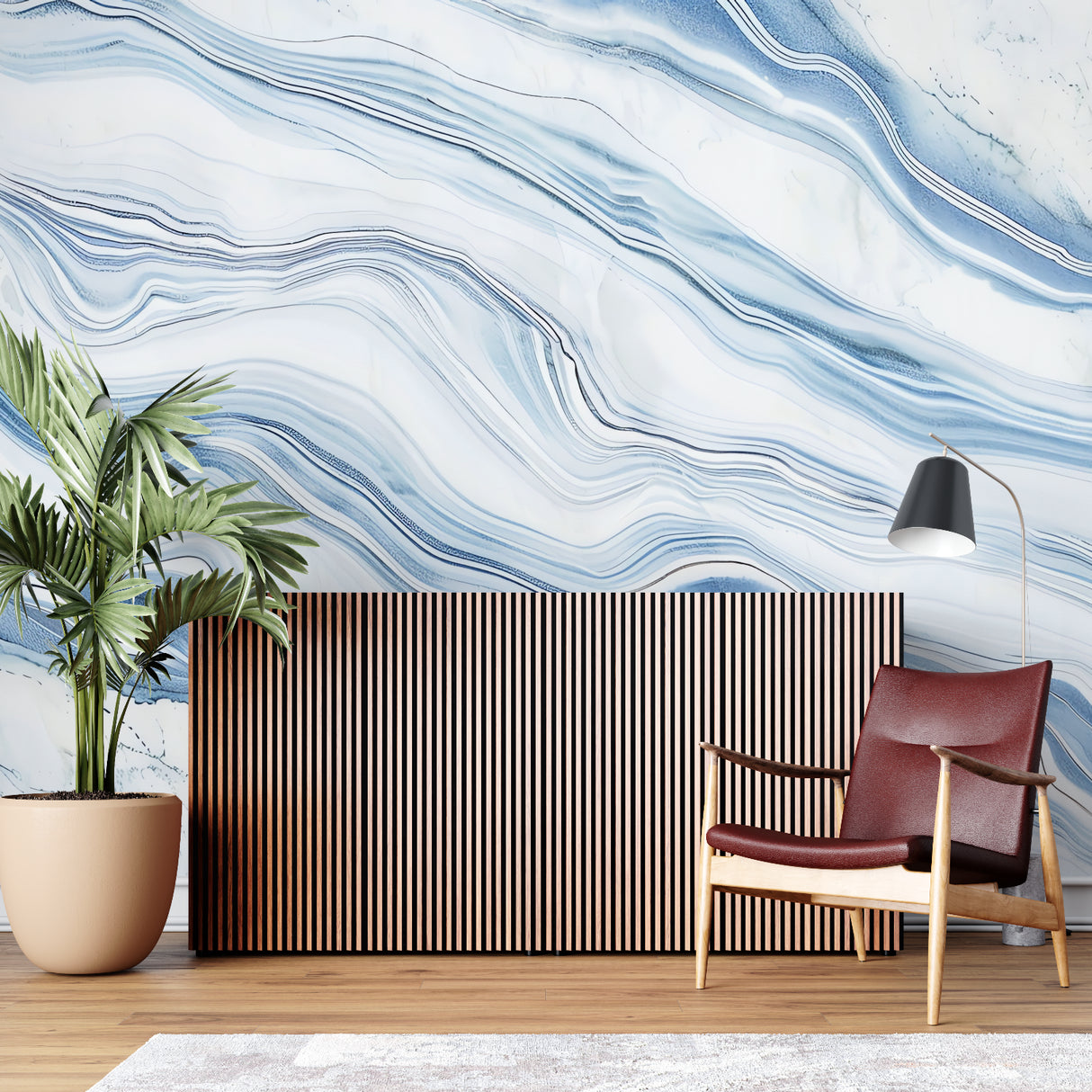 Home office space with flowing blue marble wallpaper design creating professional ambiance