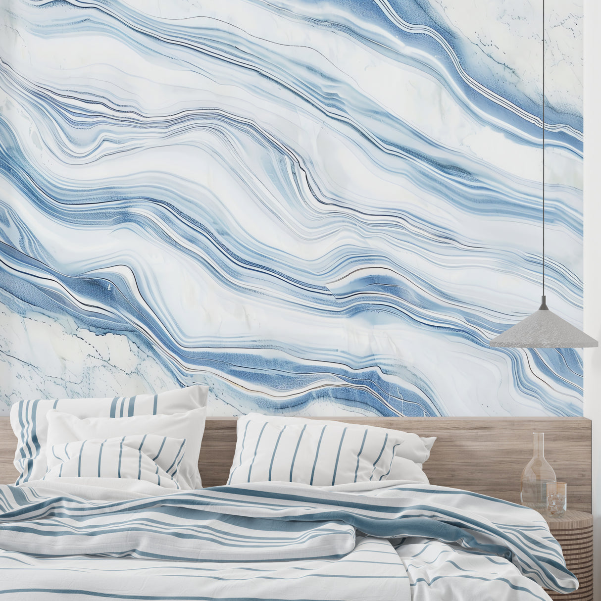 Bedroom showcase of wave pattern marble wallpaper bringing calm and elegance