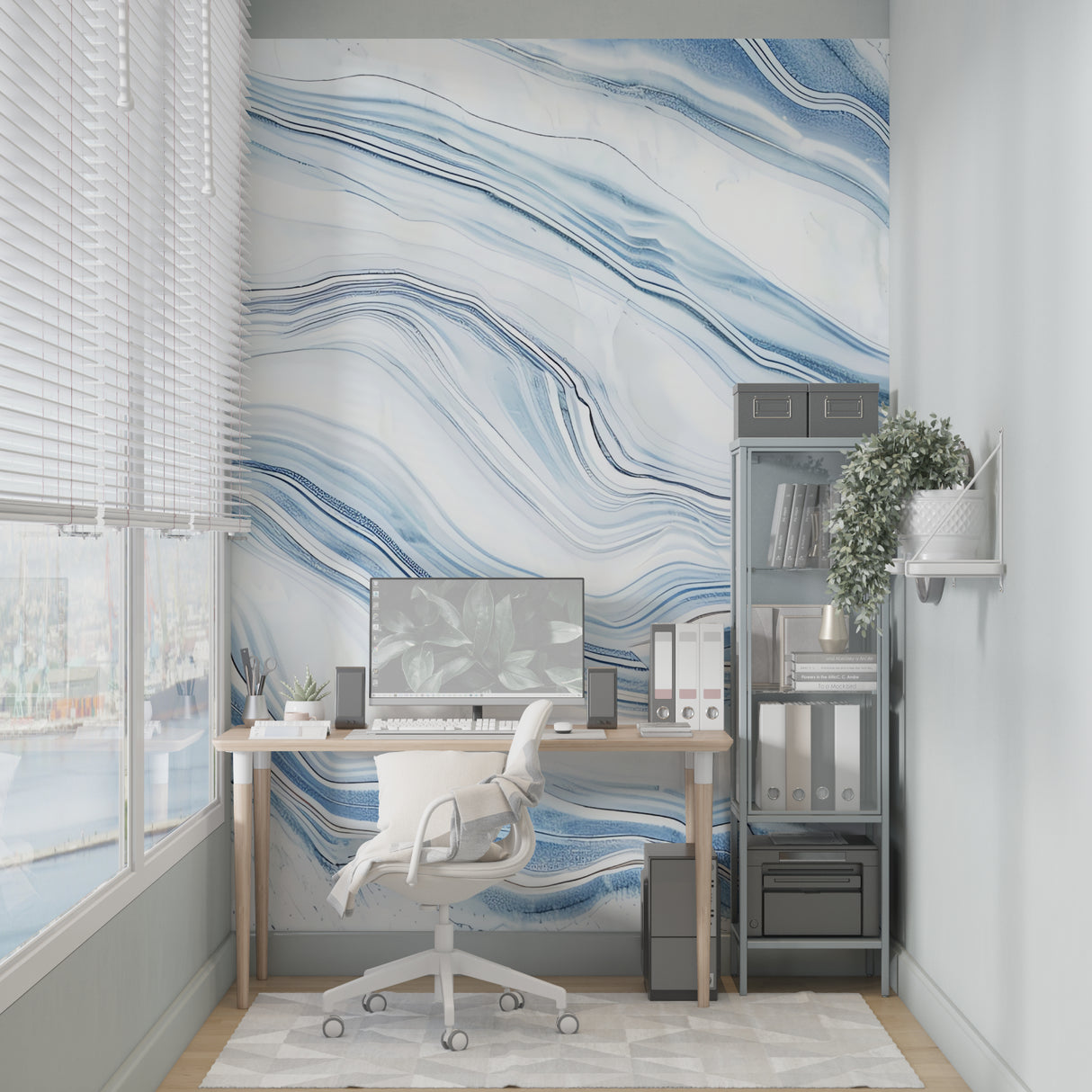 Dining room transformed with blue marble effect mural adding sophisticated touch