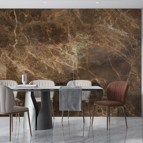 Brown marble wallpaper creating a stunning accent wall in a modern dining room with natural lighting
