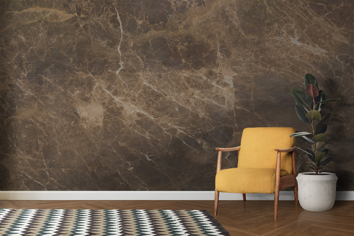 Luxury brown marble effect wall mural in an elegant living room setting