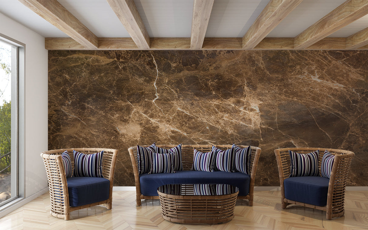Natural stone effect wallpaper showcased in a home office with minimal decor