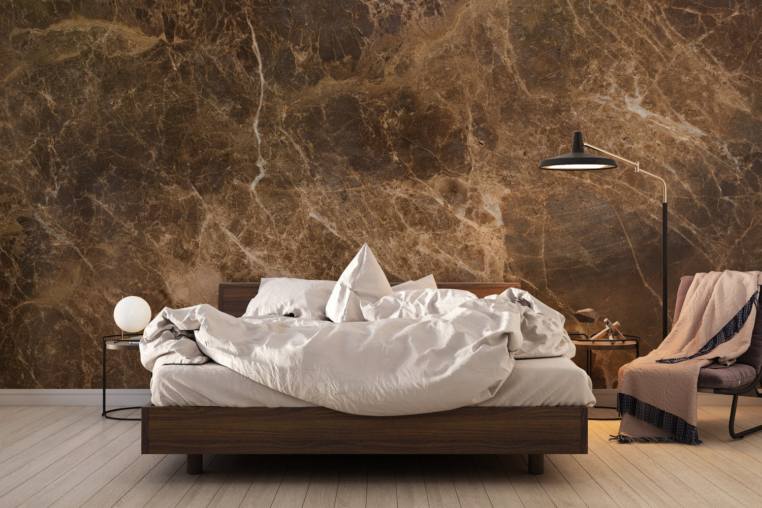 Brown marble wallpaper adding sophistication to a master bedroom wall