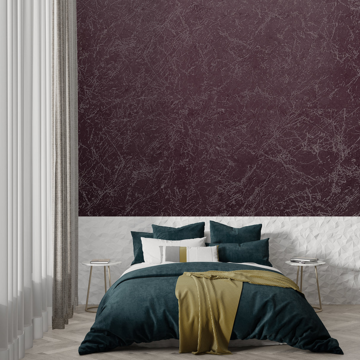 Home office with burgundy marble wall mural adding sophistication