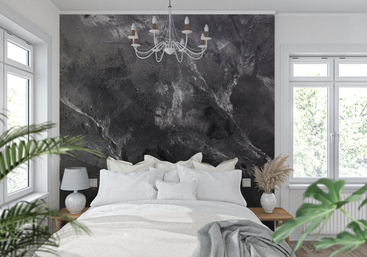 Dark grey marble wallpaper in modern minimalist living room creating luxury atmosphere