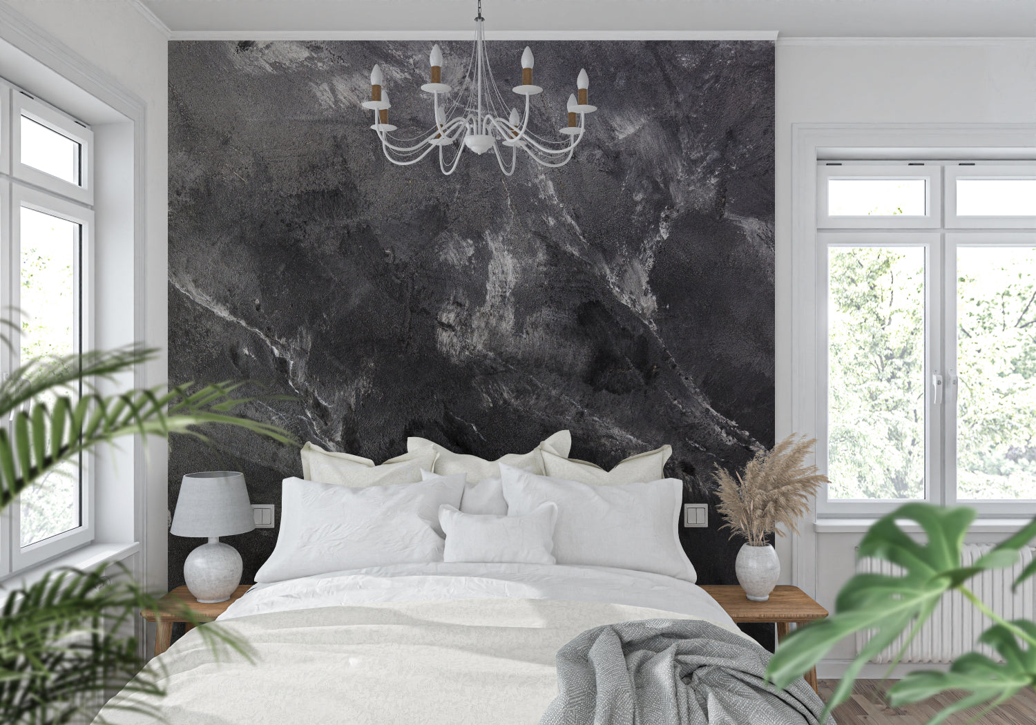 Dark grey marble wallpaper in modern minimalist living room creating luxury atmosphere