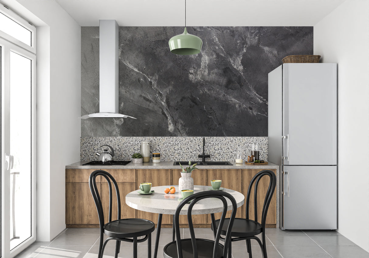 Grey stone effect wall mural in contemporary kitchen with white cabinets