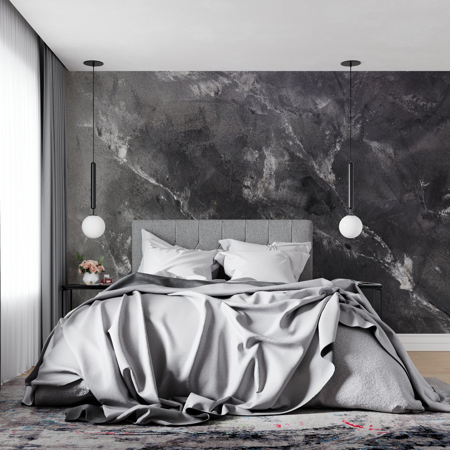 Marble effect wallpaper adding drama to master bedroom feature wall
